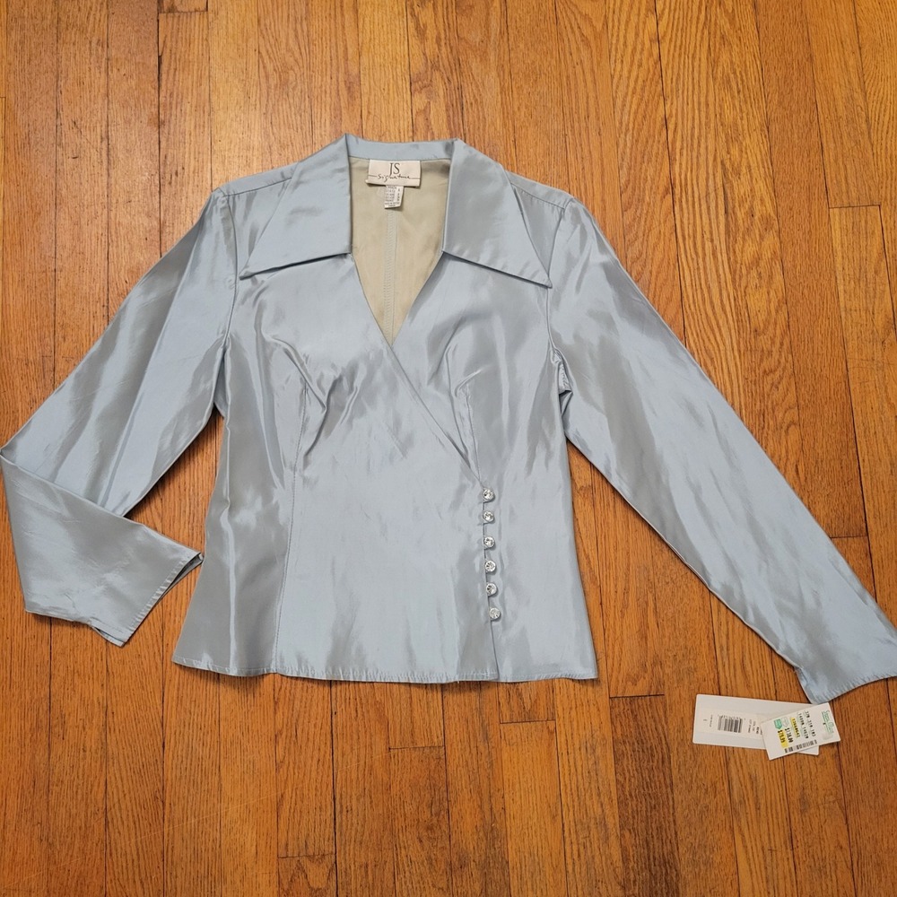 JS Signature 6 Blouse Ice Blue Rhinestone Button Surplice Satin Top Formal Gala
